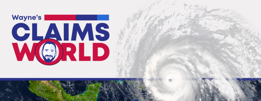 Wayne's Claims World Logo and satellite image of hurricane