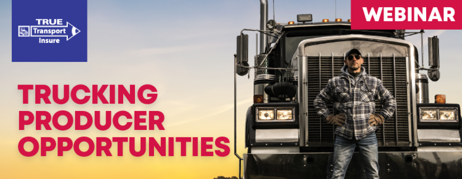 Driver standing in front of semi with text: Webinar - Trucking Producer Opportunities TTI Logo
