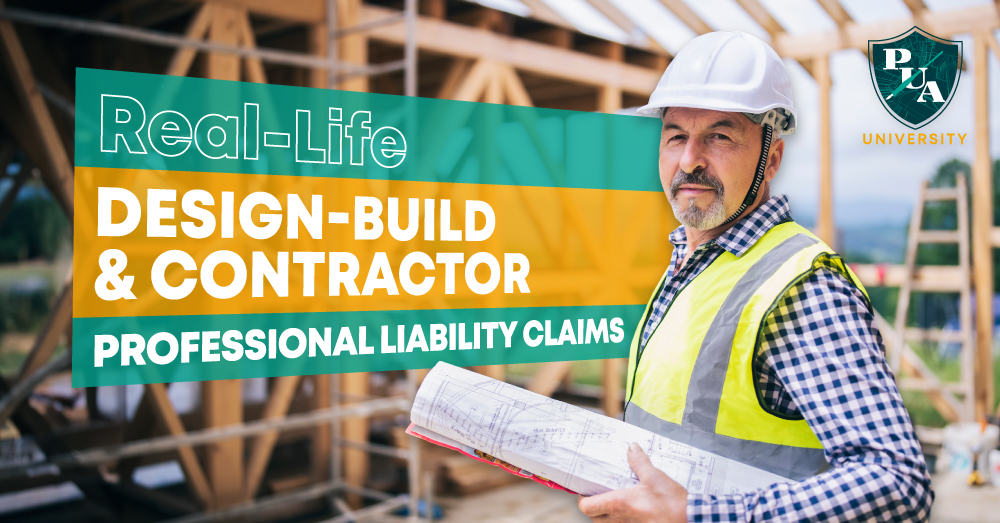 Photo of general contractor at job site with text: Real-life Design-build & contractor professional liability claims