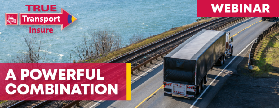 Image of tractor trailer driving on highway next to river with TTI logo and text: Webinar, A Powerful Combination
