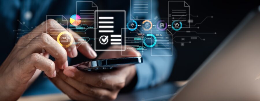 Superimposed document graphics over image of persons hands using a phone